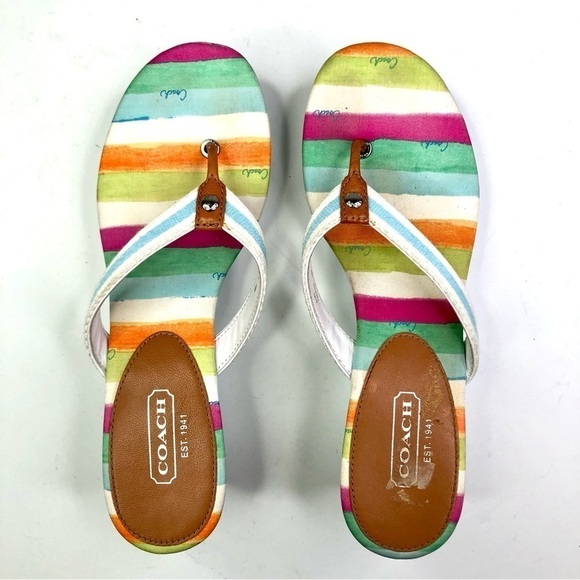 Coach Felicite wedge thong sandals stripes blue white 10 - Picture 6 of 13